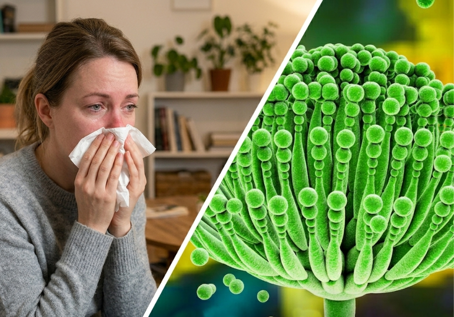 Split image of a woman sitting in a living room or office with watery eyes and a red nose, holding a tissue up to her mouth and nose on the left, and a magnified microscopic image of a mold spore.