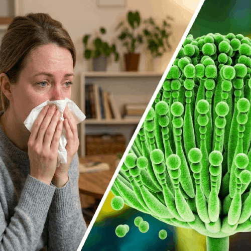 Split image of a woman sitting in a living room or office with watery eyes and a red nose, holding a tissue up to her mouth and nose on the left, and a magnified microscopic image of a mold spore.
