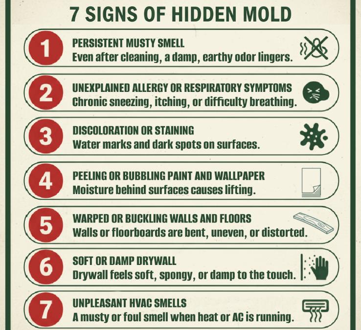 Infographic depicting 7 signs of hidden mold with accompanying icons.