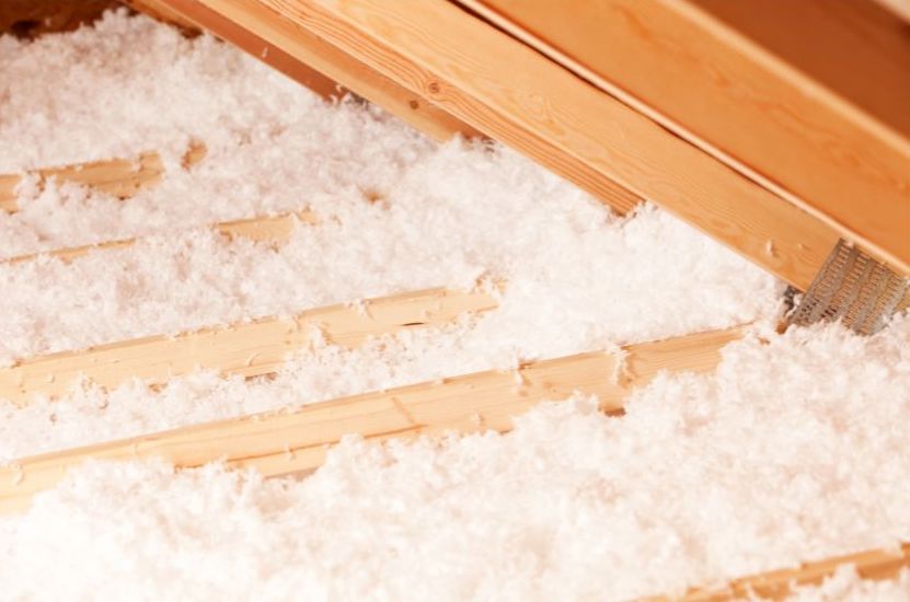 white attic insulation across wood boards