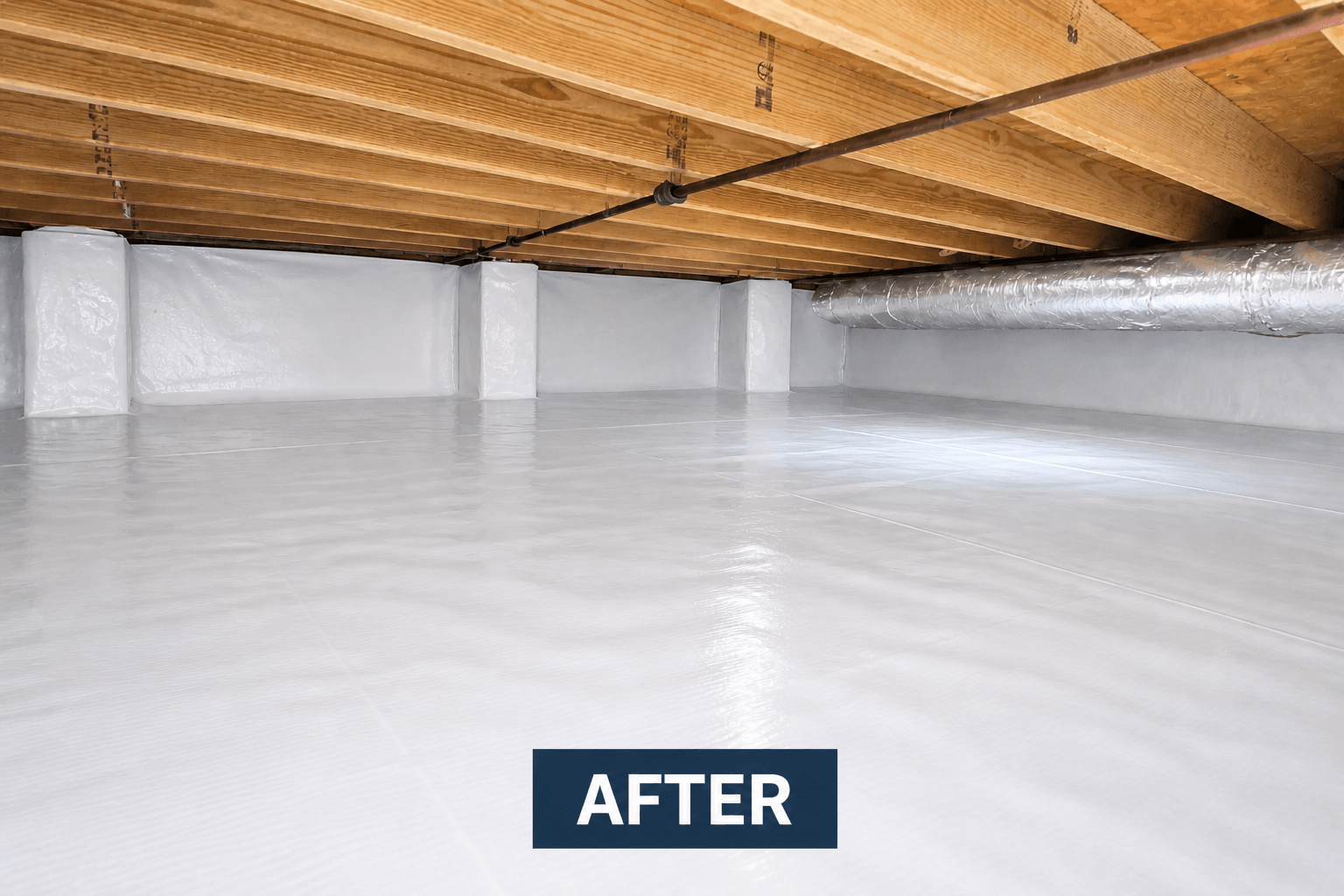 a dehumidifier in a crawl space under wet pink insulation