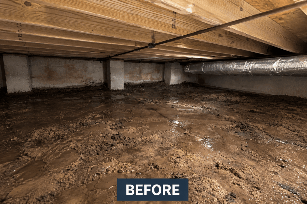 a dehumidifier in a crawl space under wet pink insulation