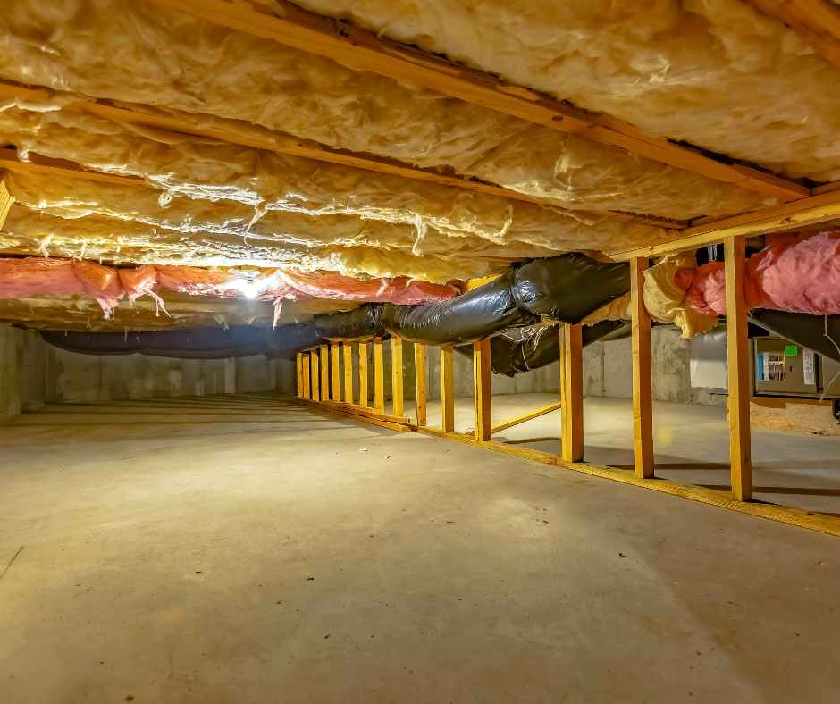 Crawl Space Encapsulation in LA Metro image of a crawl space under a home showing yellow insulation and air ducts