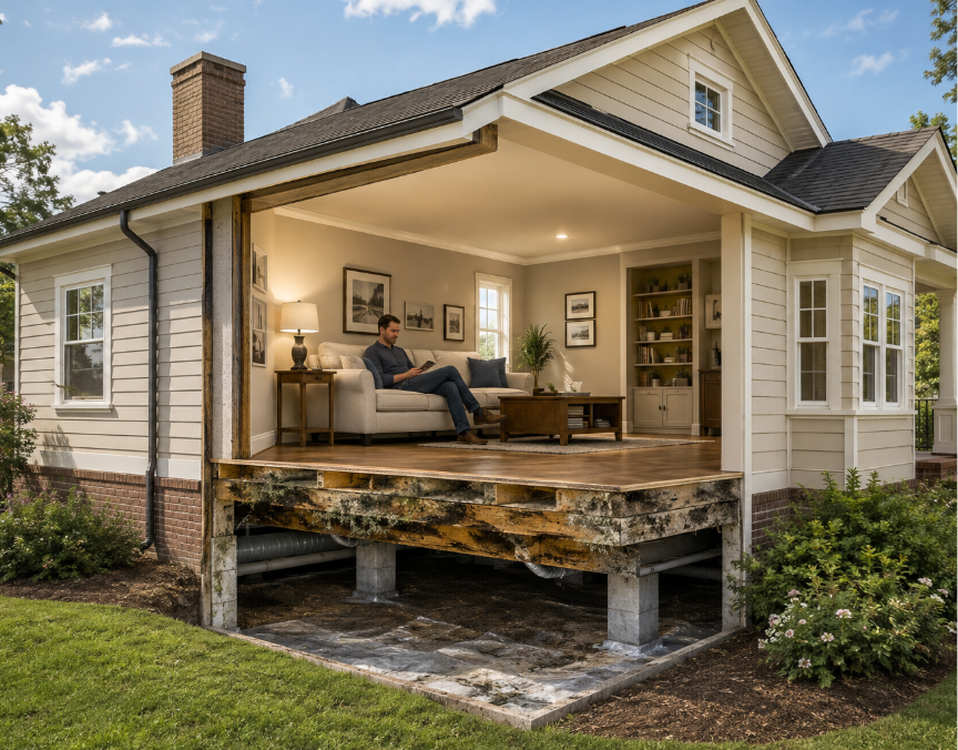 The exterior of a house with the walls illustratively removed from in front of the living room where a man sits on a couch reading and the crawl space below it which shows mold beginning to grow on the wooden beams beneath the living room floor.