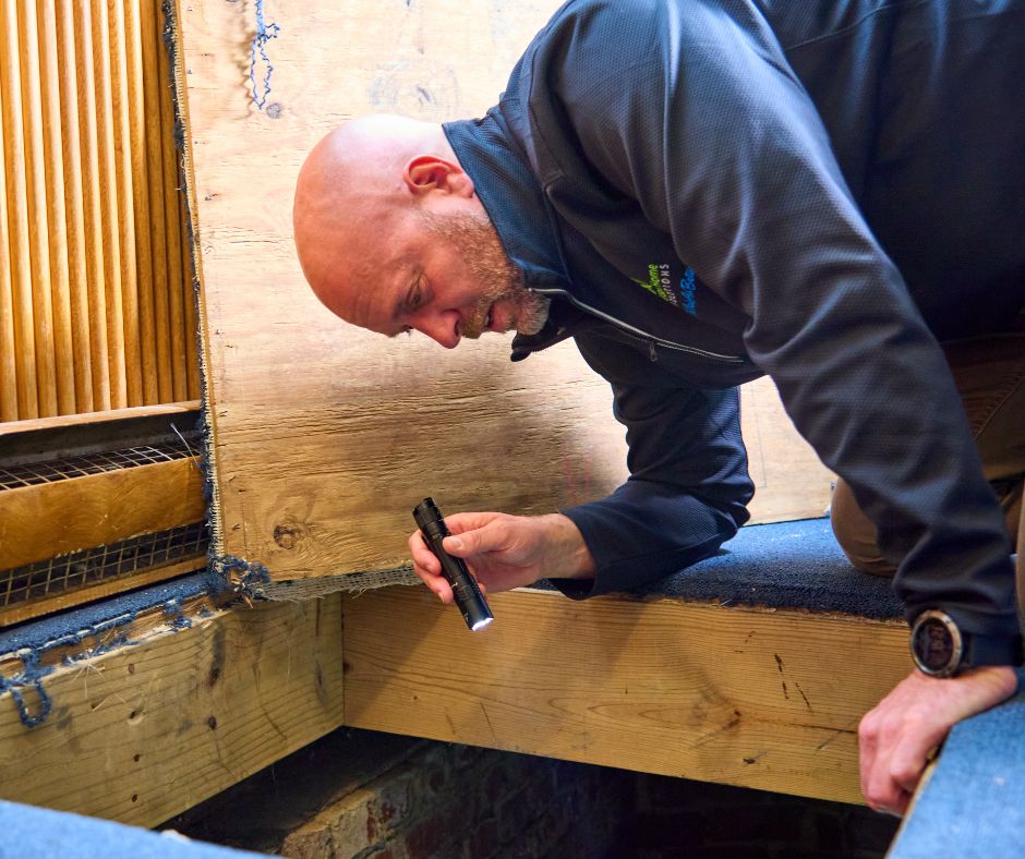 professional-vapor-barrier-and-crawl-space-encapsulation man with flashlight looking into a crawl space in the ground