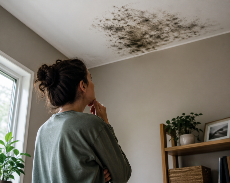 A woman pictured from behind has one hand under her chin and the other across her chest as she looks up at a patch of black mold on her ceiling.