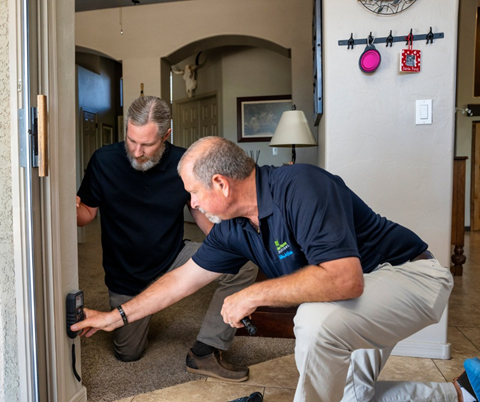 A Green Homes Solutions Technician Kneels and Holds a Device Against a Wall to Inspect for Mold While Another Man Watches