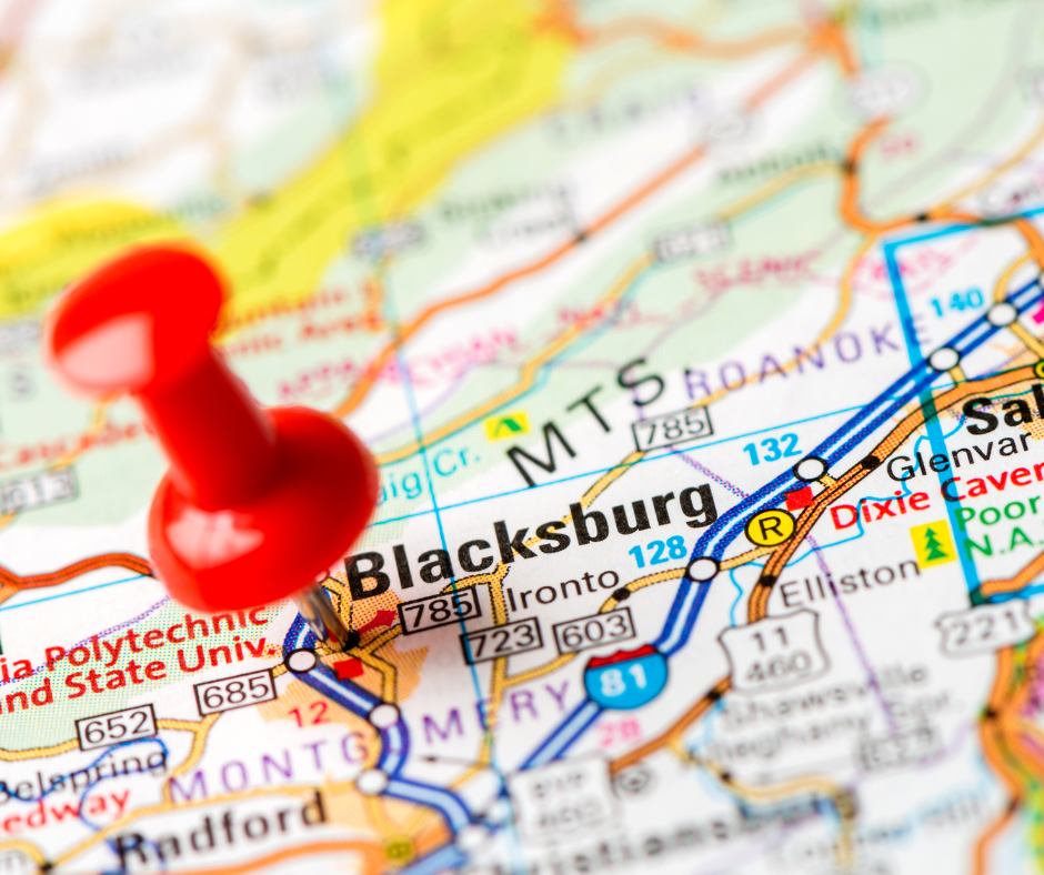 map of blacksburg virginia with a pin in the map