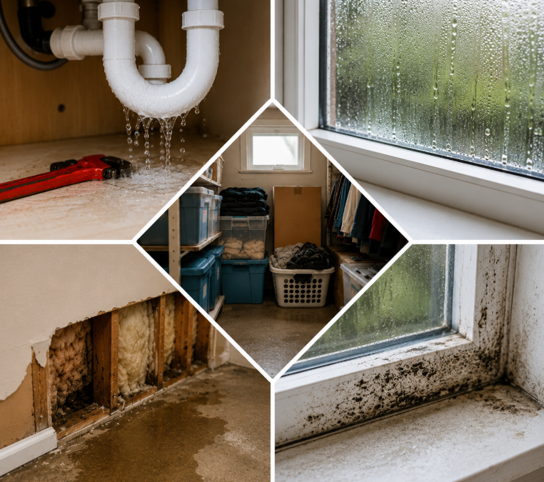 A collage of five images depicting causes of mold: Leaking from a pipe, condensation on a window, water damage to drywall, a closet with no airflow, and mold growth around a window from excess humidity.