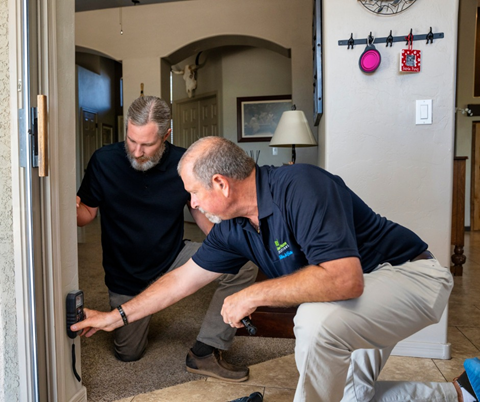service2 A Green Homes Solutions Technician Kneels and Holds a Device Against a Wall to Inspect for Mold While Another Man Watches