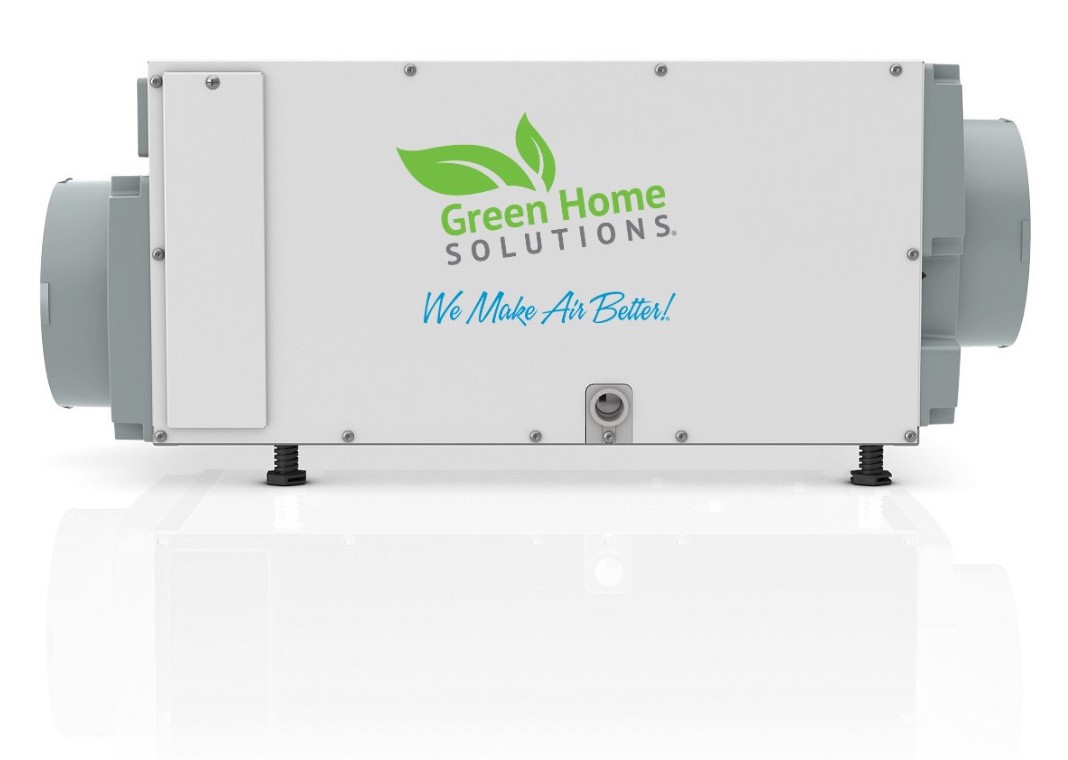 Dehumidifier A professional-grade dehumidifier with a Green Home Solutions logo and the text “We Make Air Better!” on it.