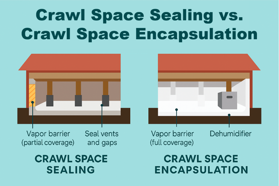 A graphic showing two side-by-side house crawl spaces with the one on the left depicting crawl space sealing and the one on the right depicting crawl space encapsulation.