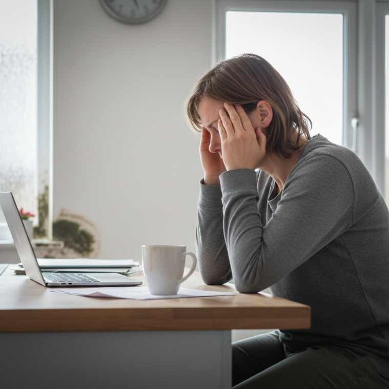 A woman sits at a counter with a laptop, papers, and a coffee mug on it while holding her temples with both hands with a patch of mold that can be seen around a window in the background.
