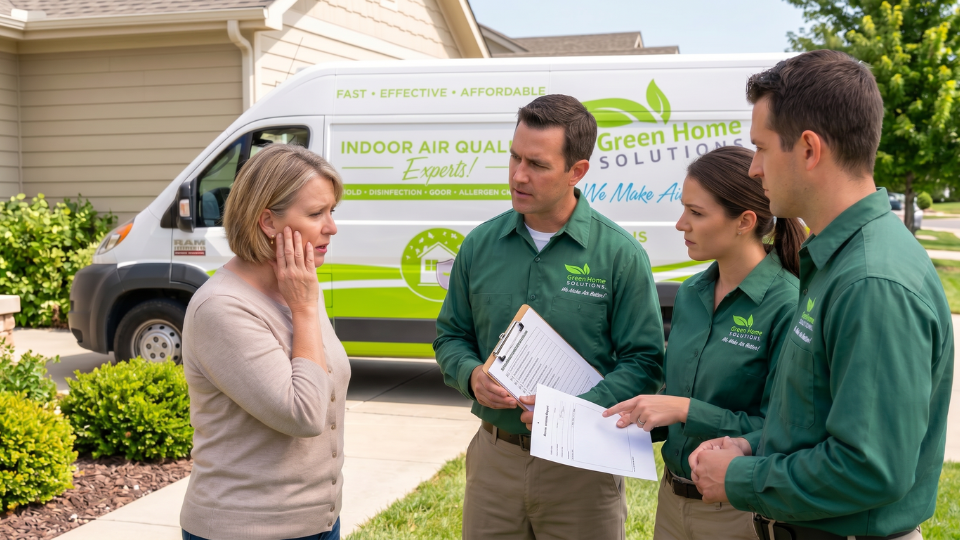 Home owner concerned, speaking with green home solutions professionals