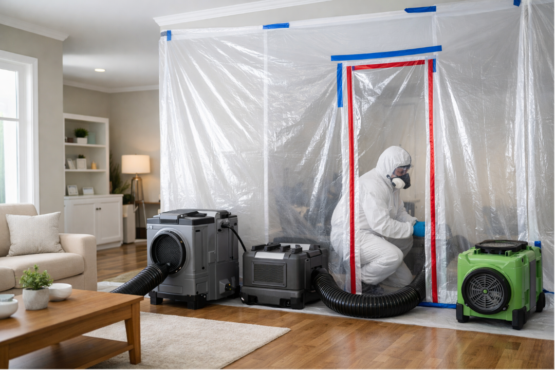 Mold remediation process in a home with containment barriers, air scrubbers, and a technician in protective gear.