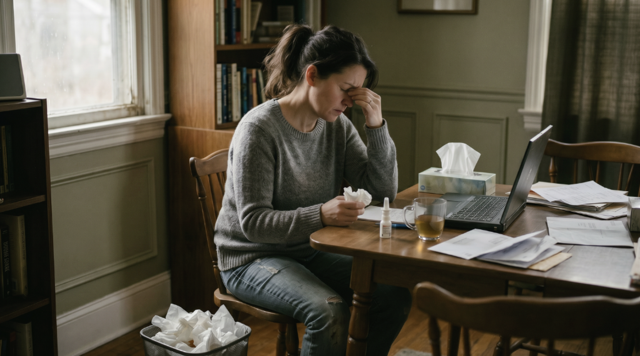 woman at table feeling sick