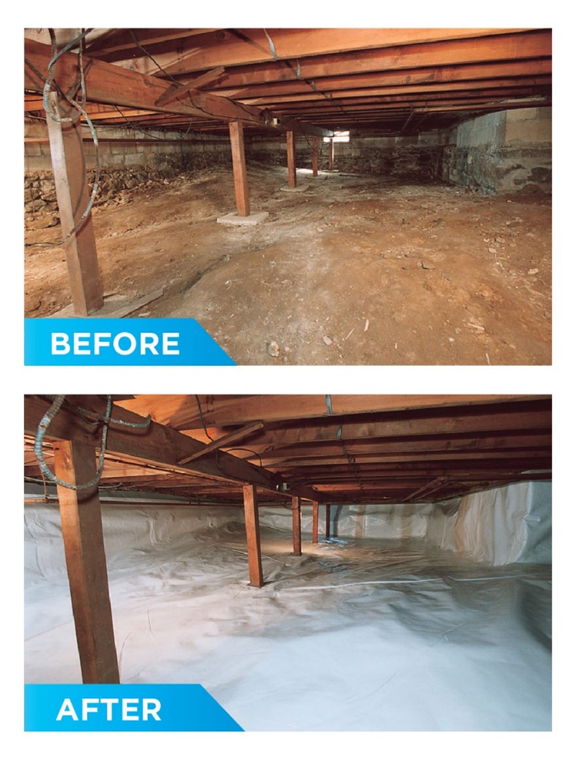 Collage of a Crawl Space with Dirt Floor Before Encapsulation and a Crawl Space Lined with White Plastic After Encapsulation